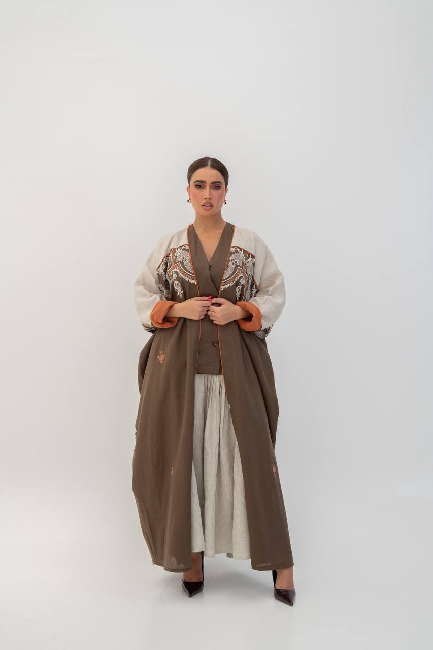 Brown linen abaya with embroidery. C:6785