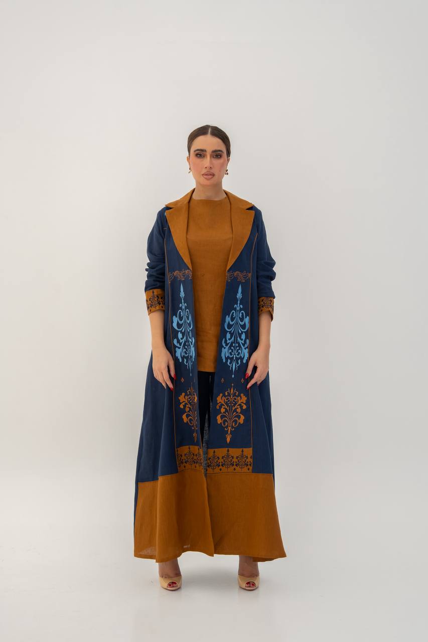 Linen abaya in navy blue with embroidery.C:6783