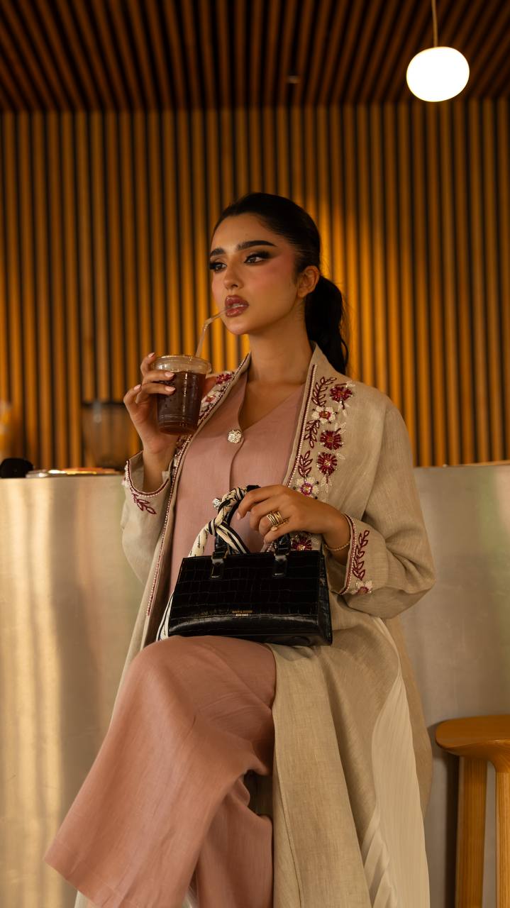 Linen abaya in beige with hand embroidery and beading. C:6791