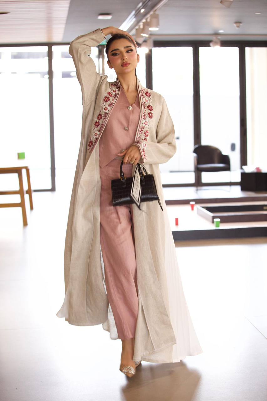 Linen abaya in beige with hand embroidery and beading. C:6791