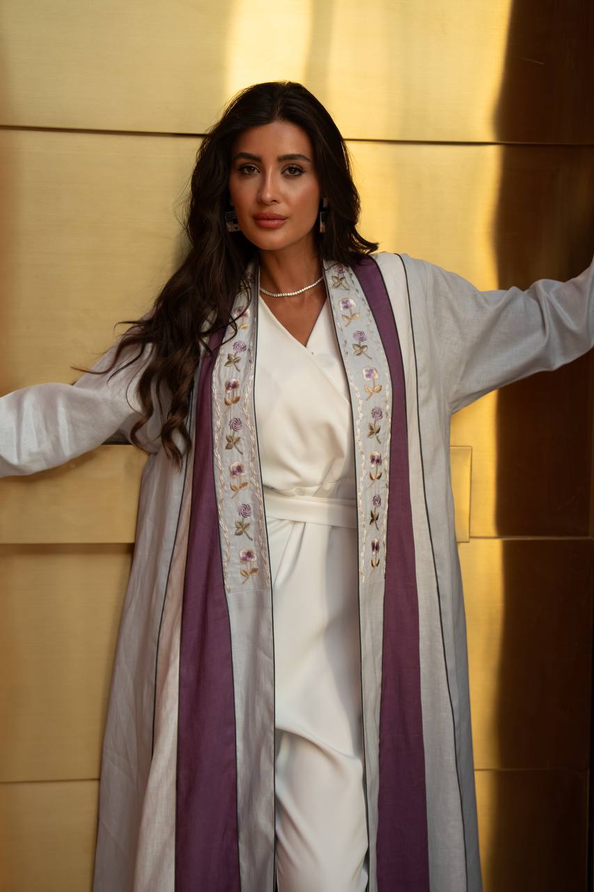 Beige linen abaya with embroidery.C:6799