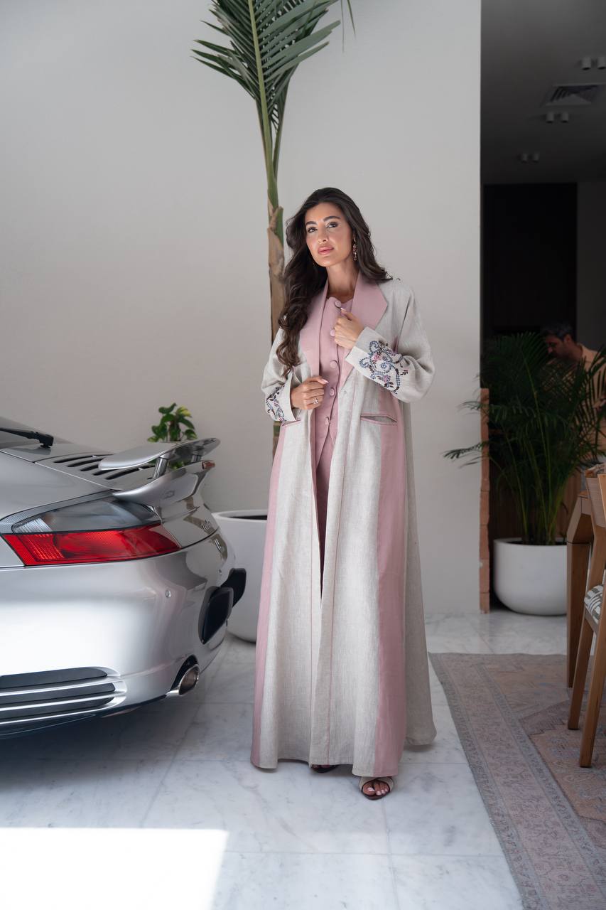 Beige linen blazer abaya with embroidery.C:6800