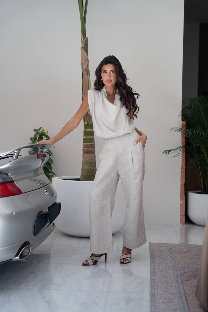 Beige linen blouse and pants set.C:240
