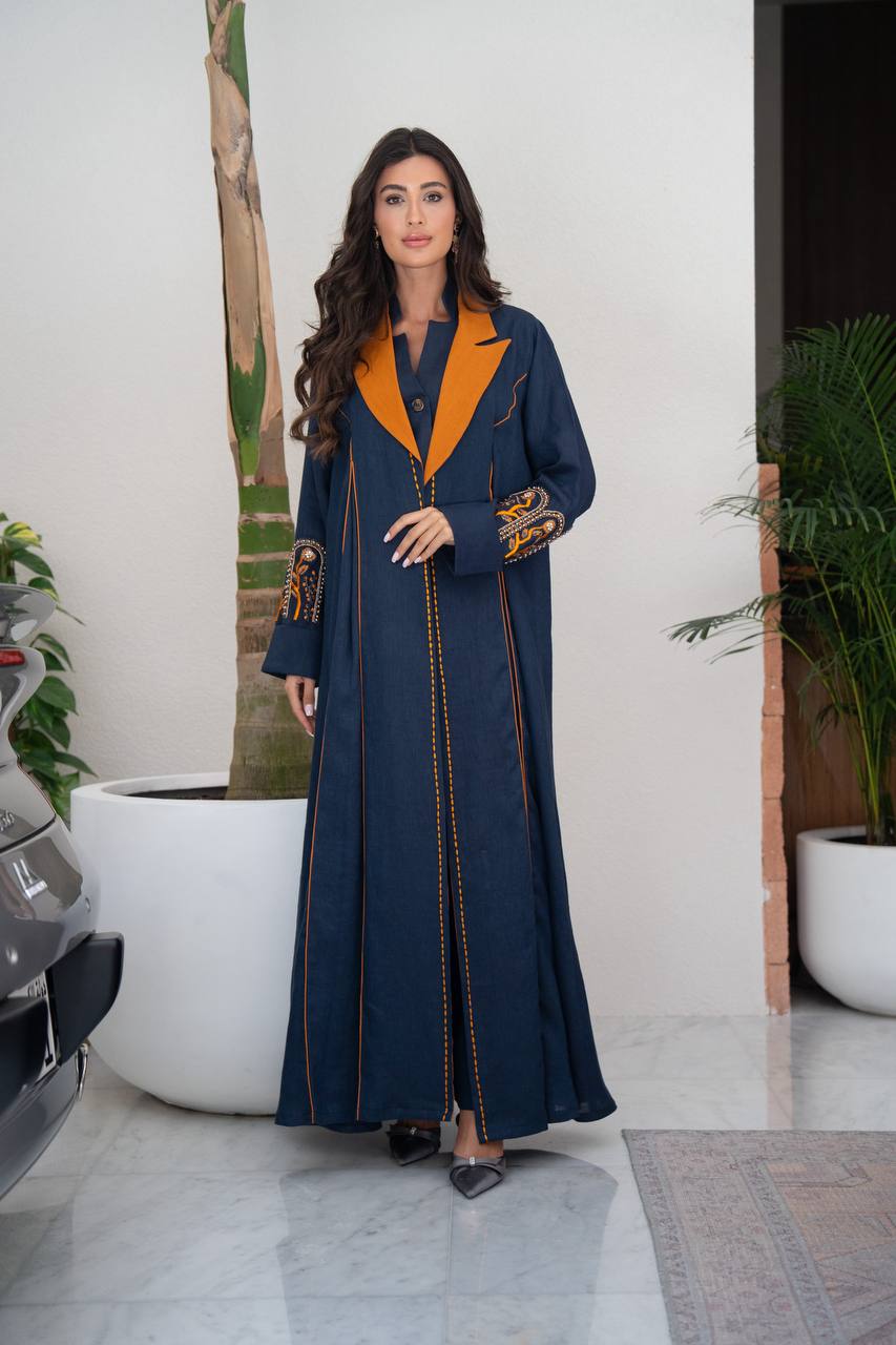 Navy blue linen blazer abaya with hand-stitched details.C:6804