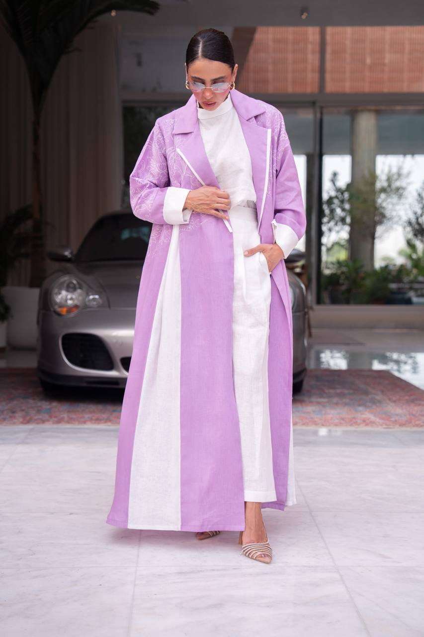 Purple linen blazer abaya with embroidery. C:6793