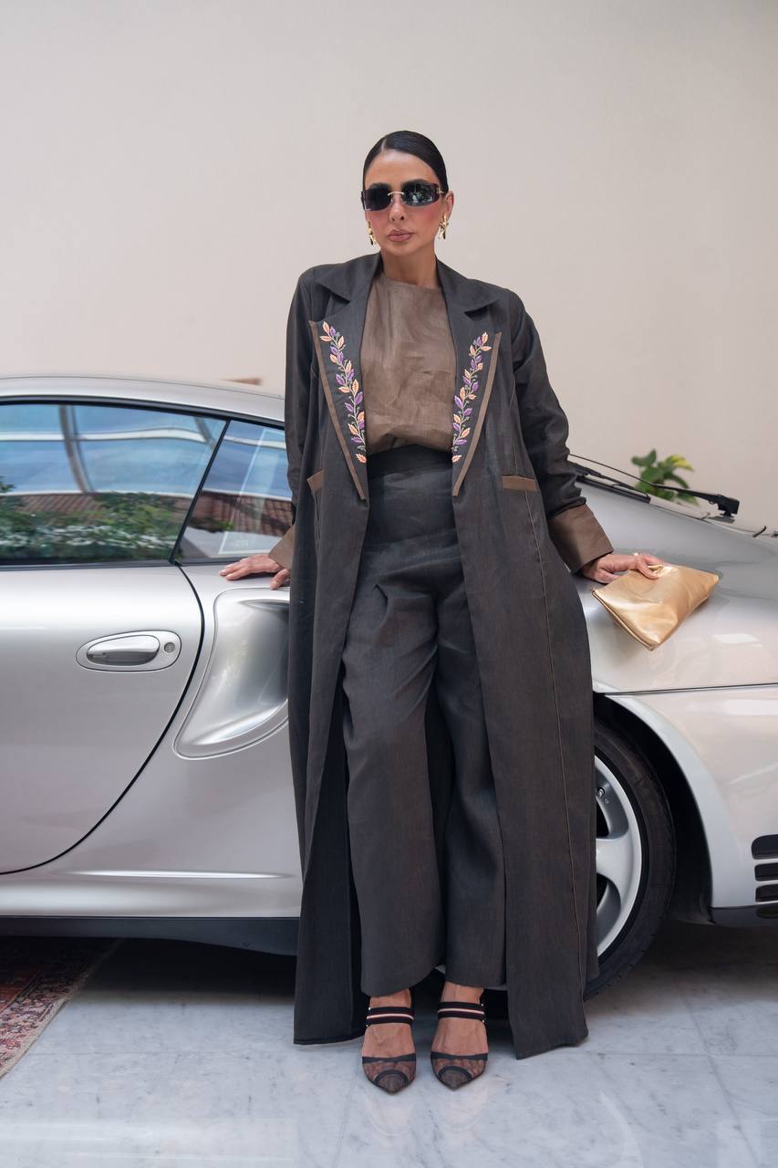 Black linen blazer abaya with embroidery.C:6806