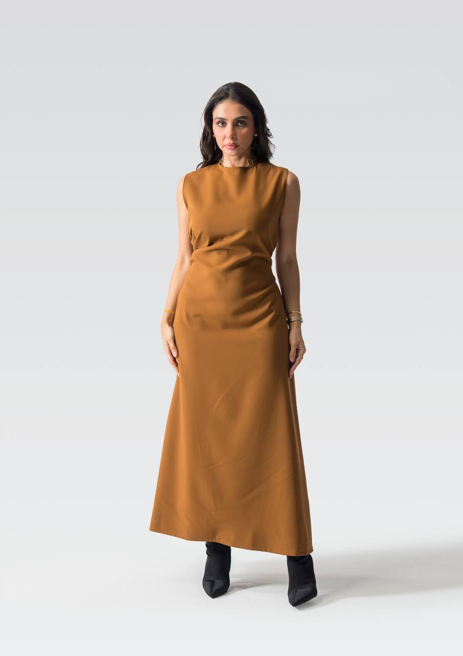 Camel-colored crepe dress.C:258