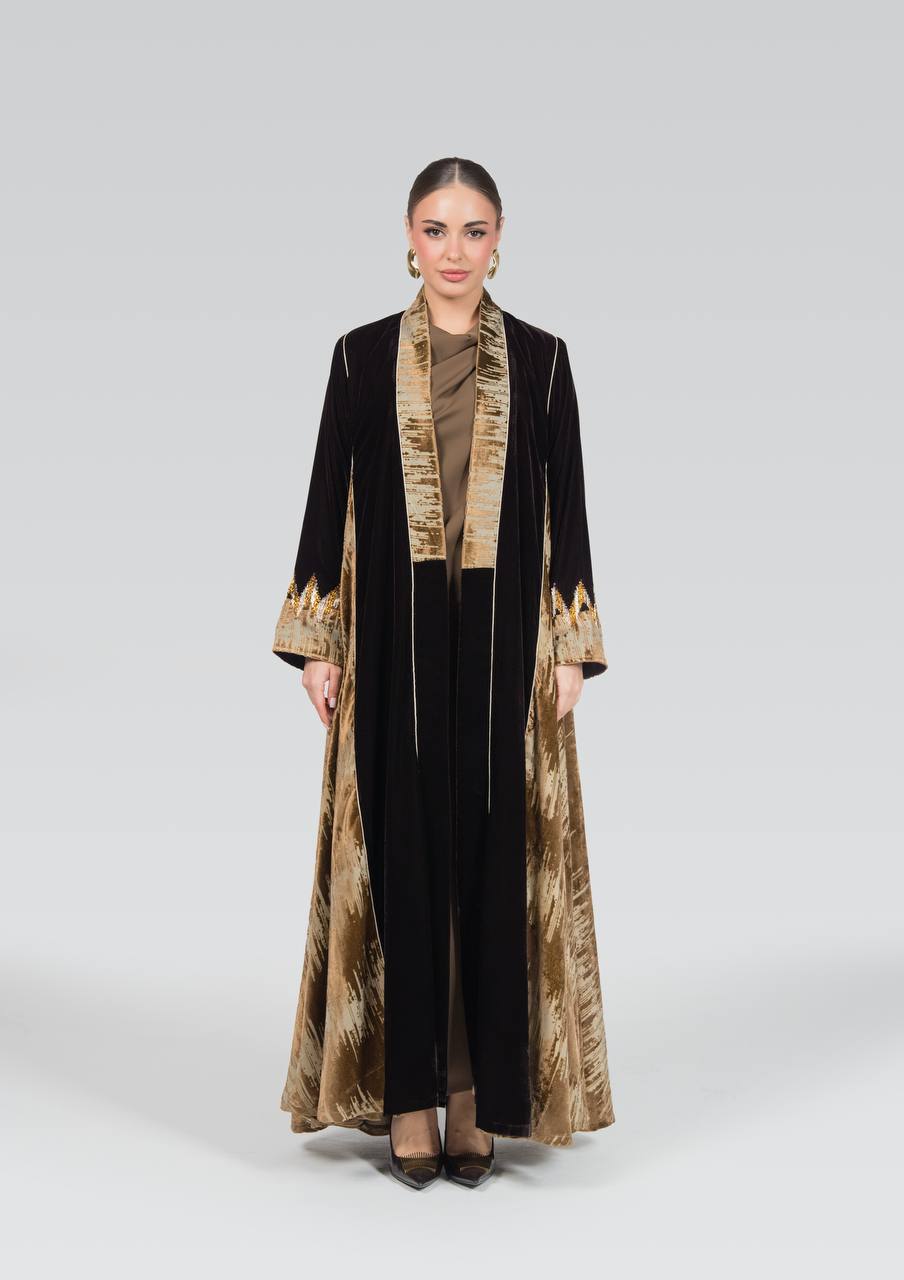 Velvet abaya with hand-beading.C:6838 Brown