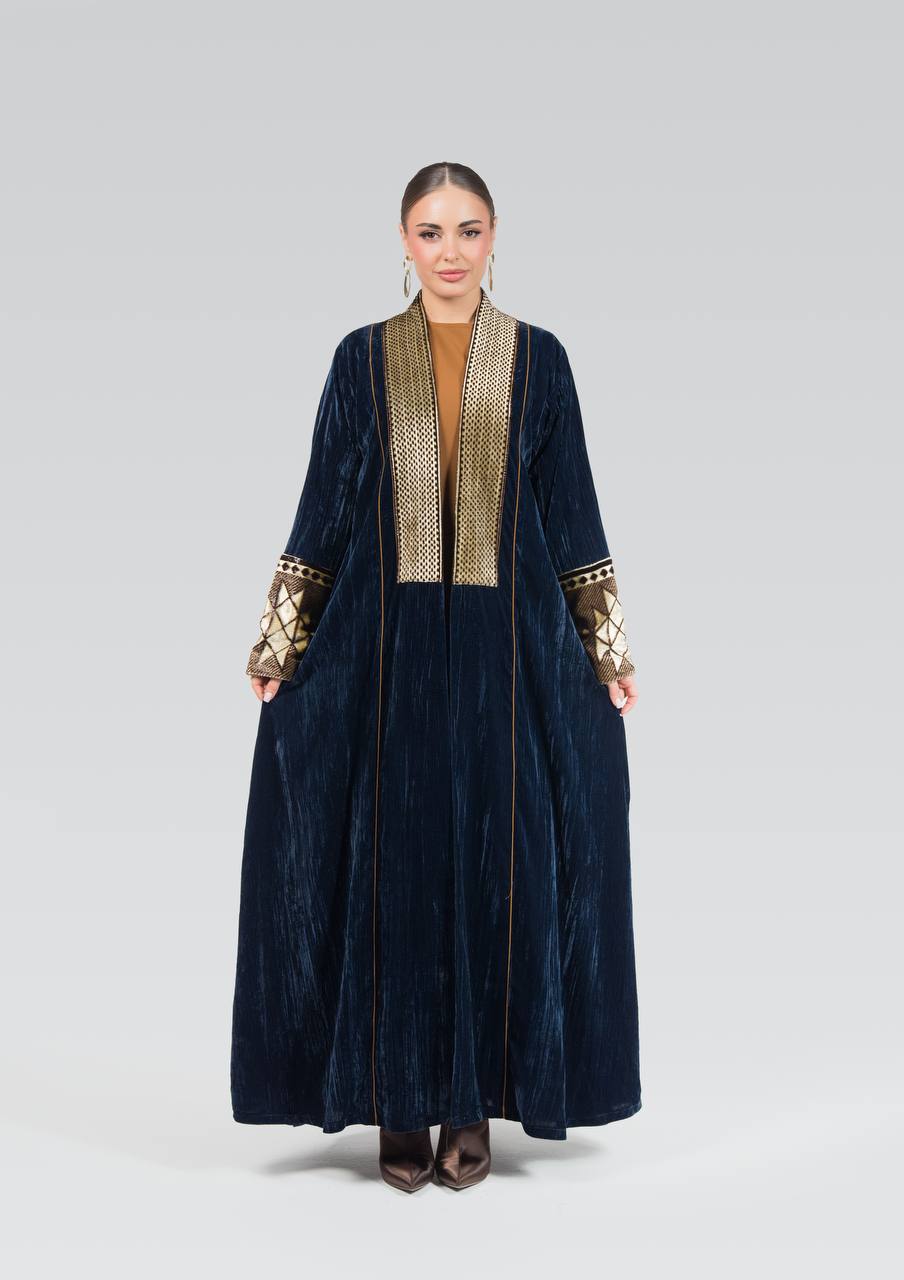 Navy blue velvet abaya with beadwork and embroidery.C:6839