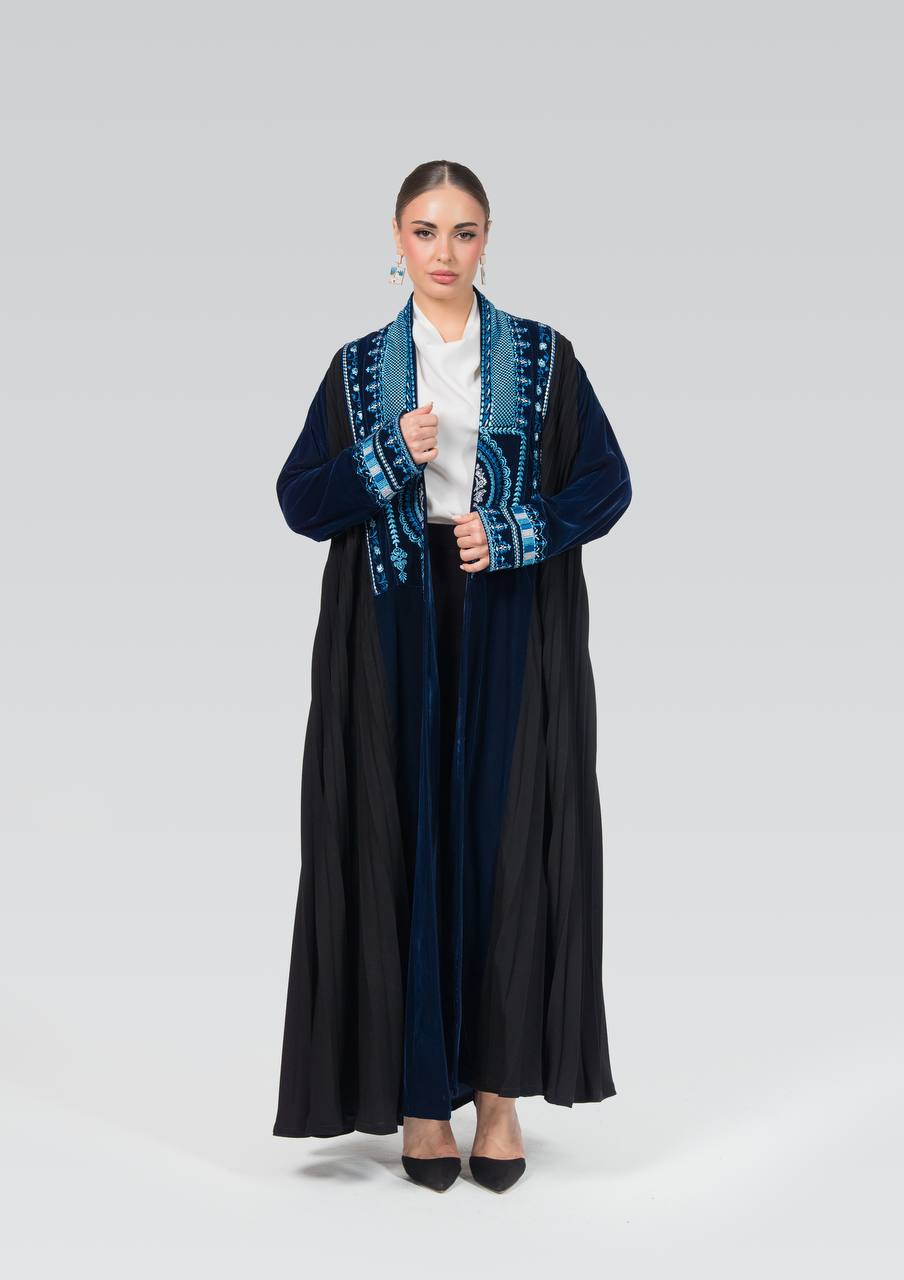 Velvet and crepe abaya with embroidery.C:6841