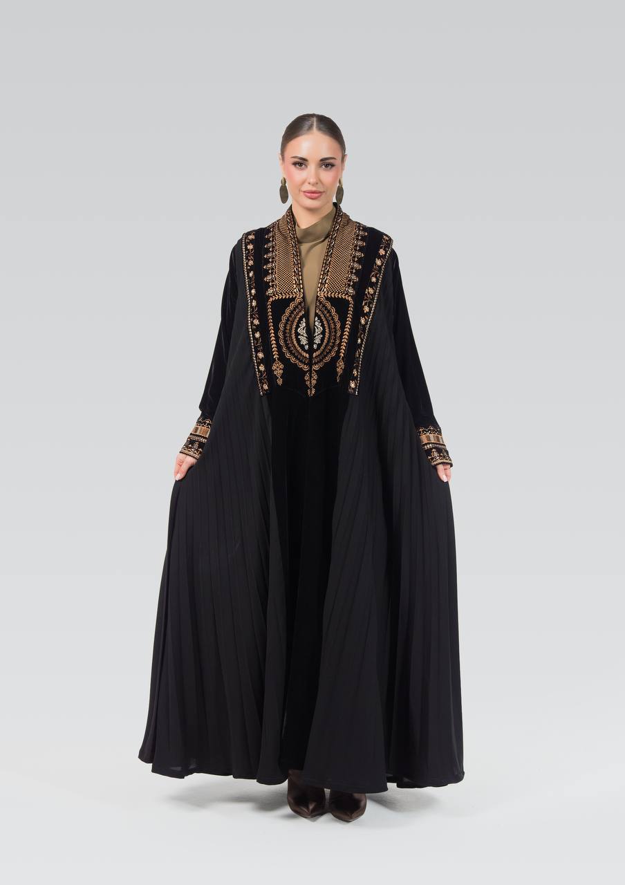 Velvet and crepe abaya with embroidery.C:6841 Brown