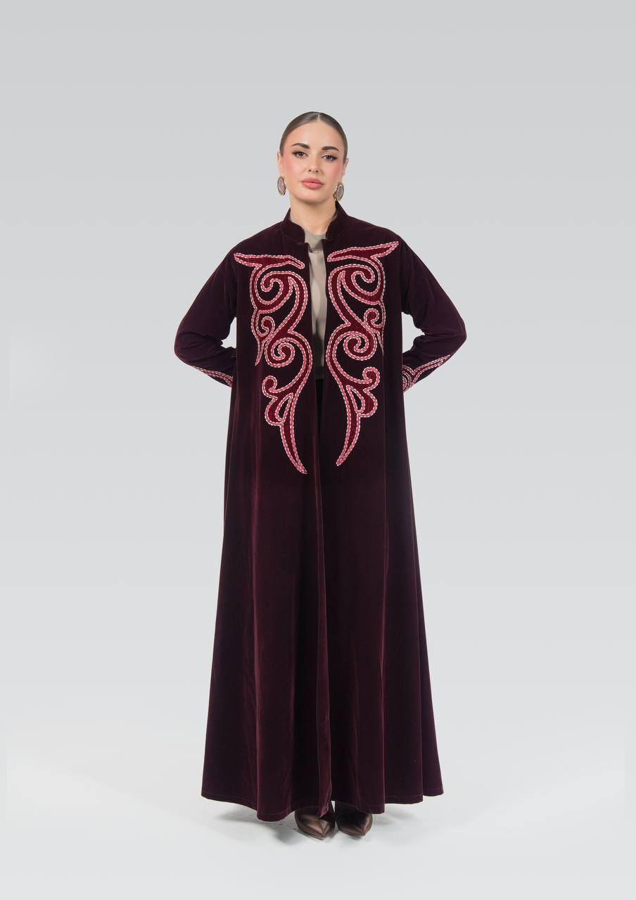 Burgundy velvet abaya with embroidery.C:6842
