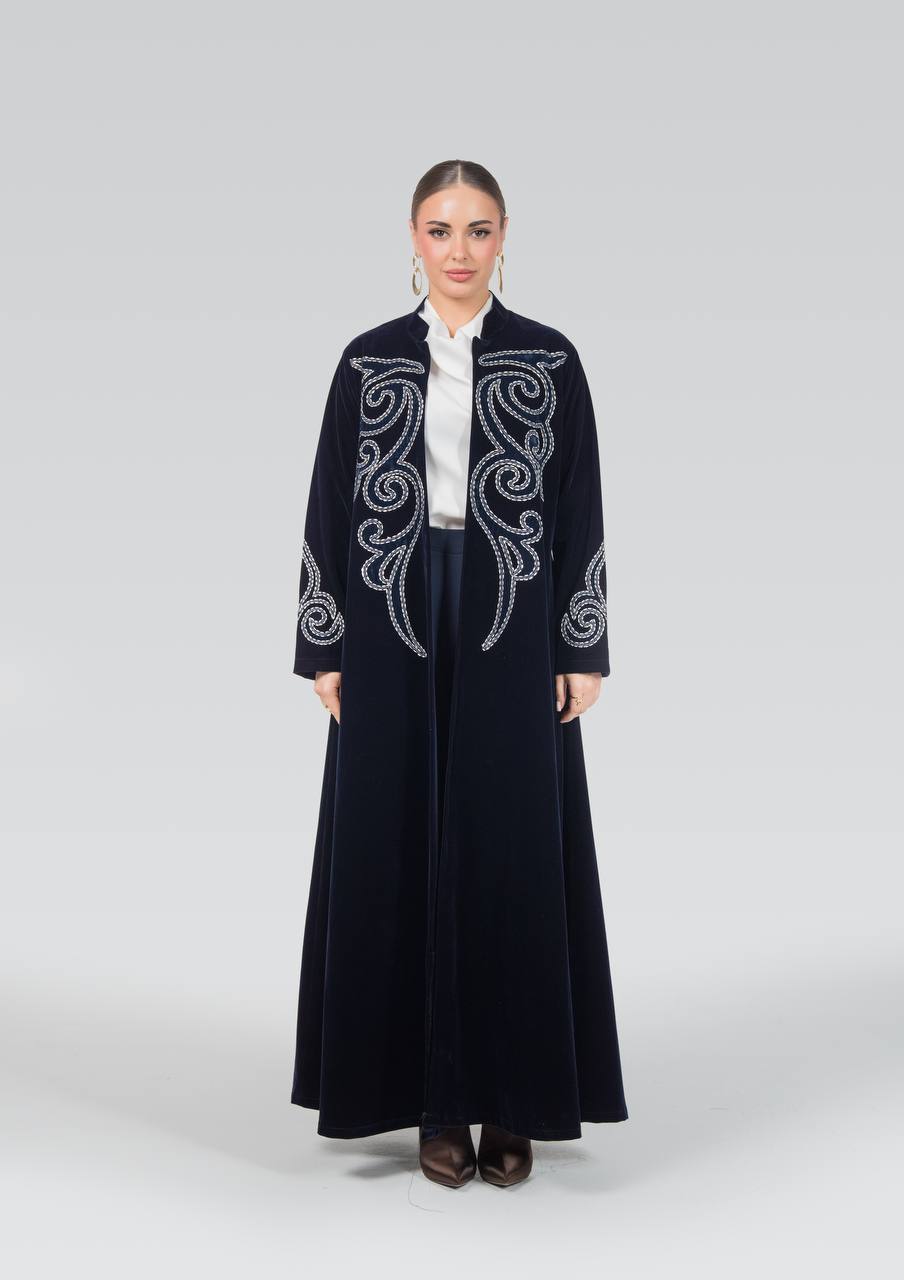 Navy blue velvet abaya with embroidery.C:6842