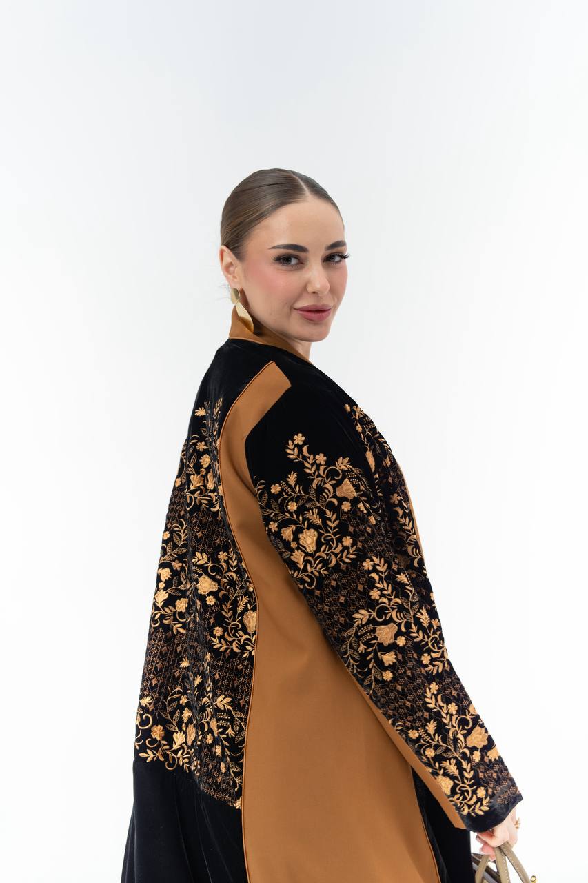 Embroidered velvet and crepe abaya.C:6835 Orange
