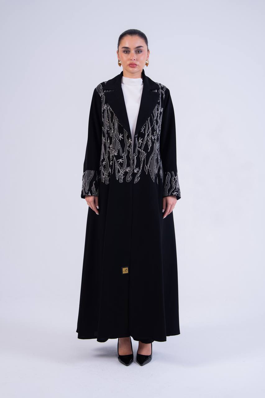 Black crepe abaya with embroidery.C: 6840crepe