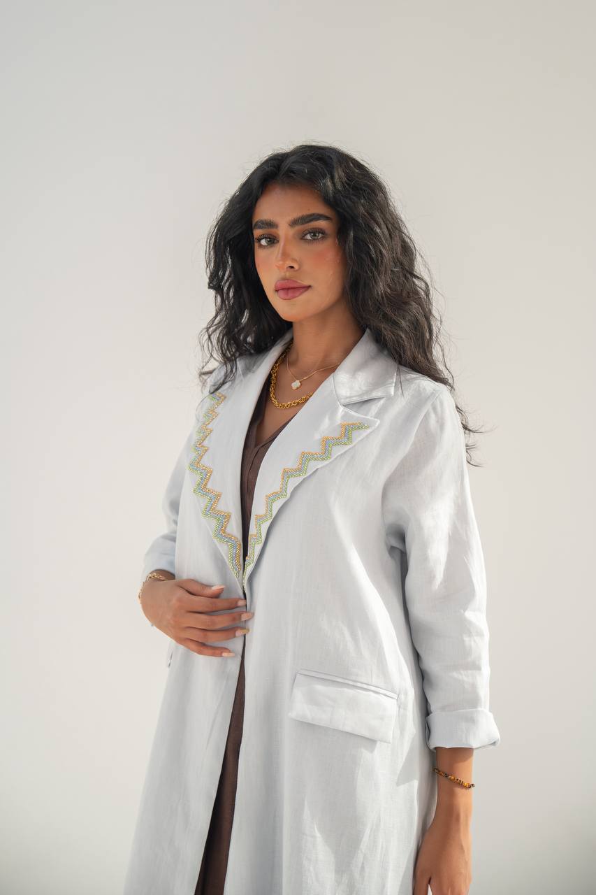 Linen blazer abaya, sky blue with hand embroidery C:6651
