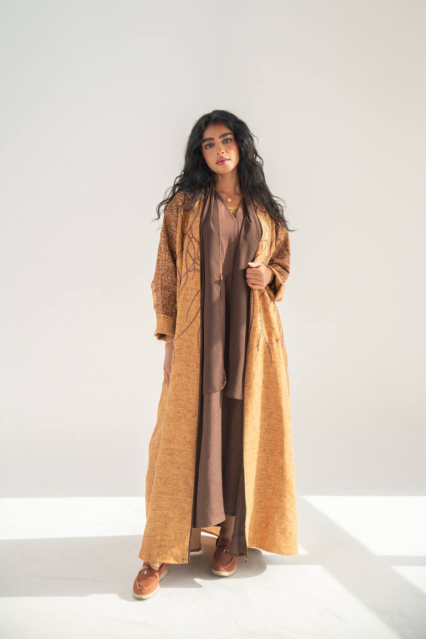 Brown linen bisht abaya with embroidery C:6648