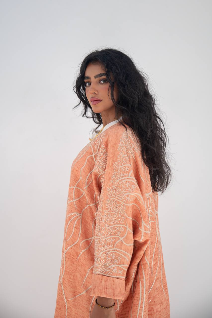 Orange linen bisht abaya with embroidery C:6648