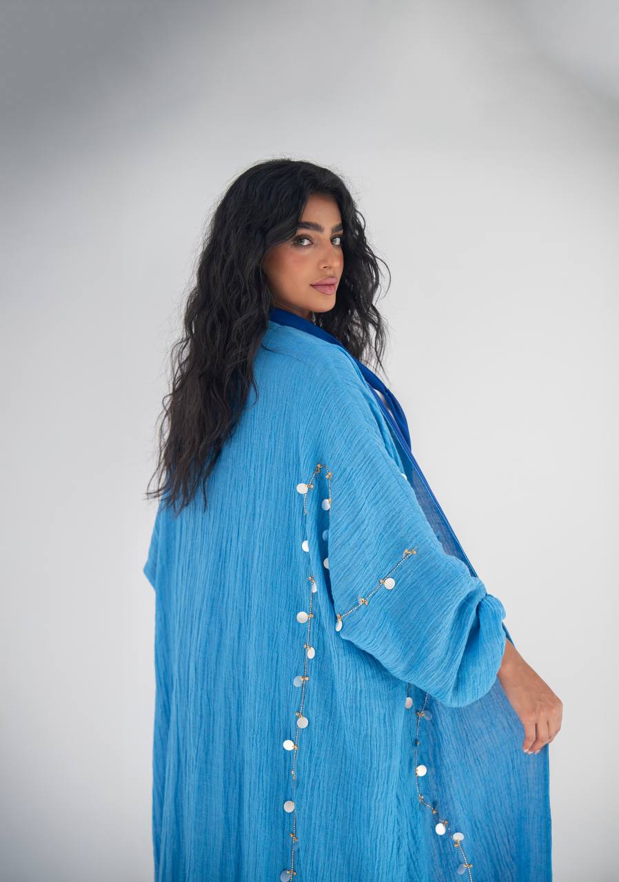 Blue linen abaya with hand embroidery C:6647