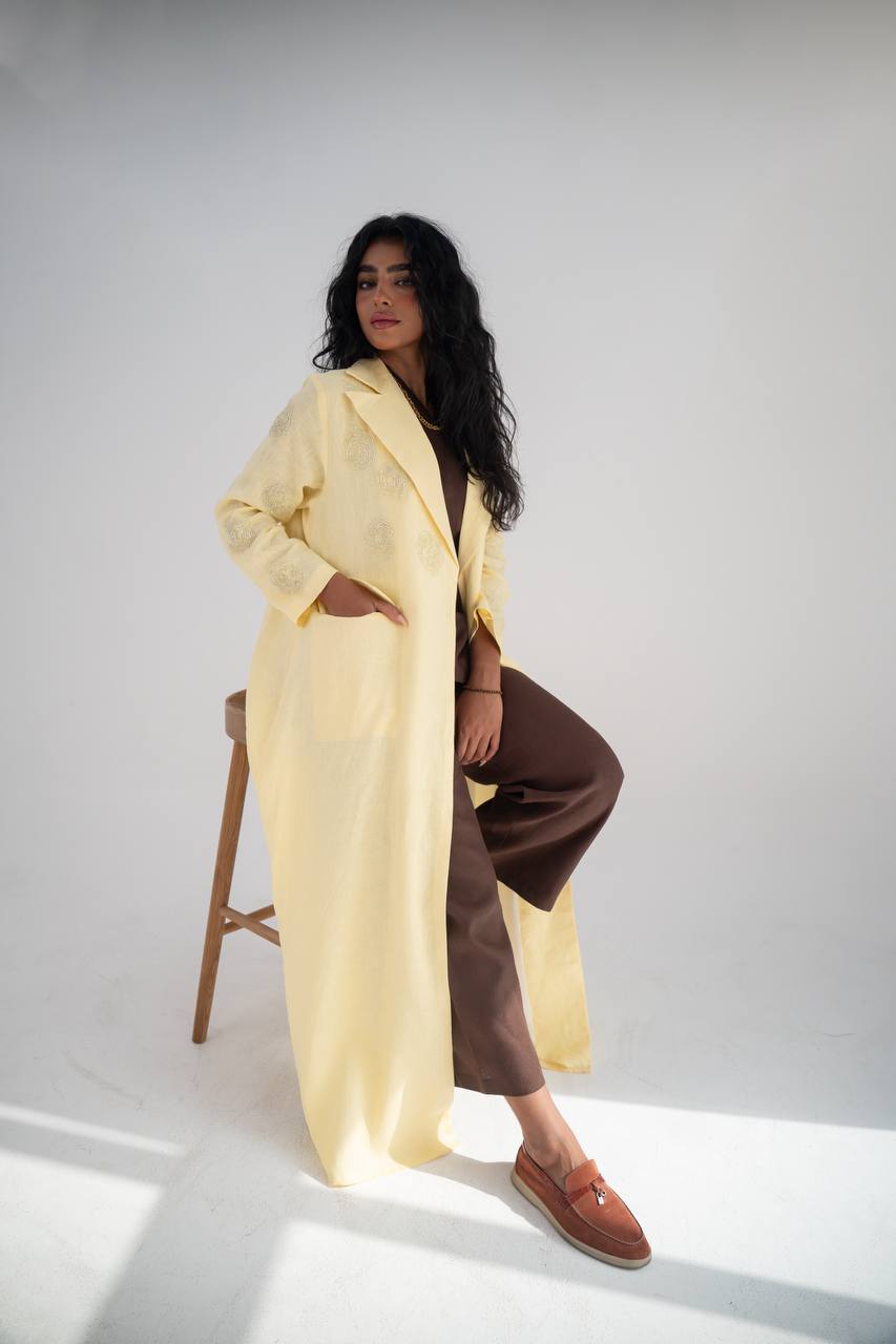 Butter yellow linen blazer abaya with hand embroidery C:6646
