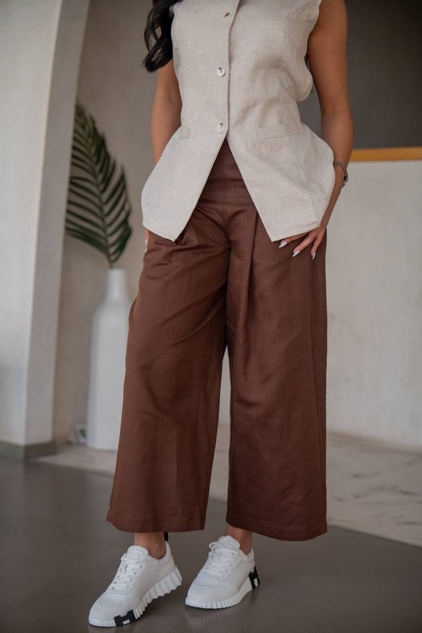 Set consisting of brown pants with a beige linen vest C:202 Biege-Brown