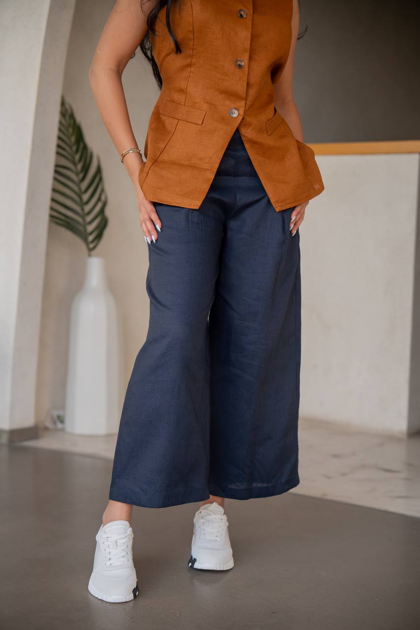 Navy blue pants and camel linen vest set, C:202 Camel-Black