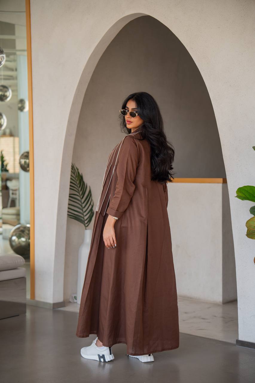 Abaya with inner set made of linen, brown with beige inserts C:6637