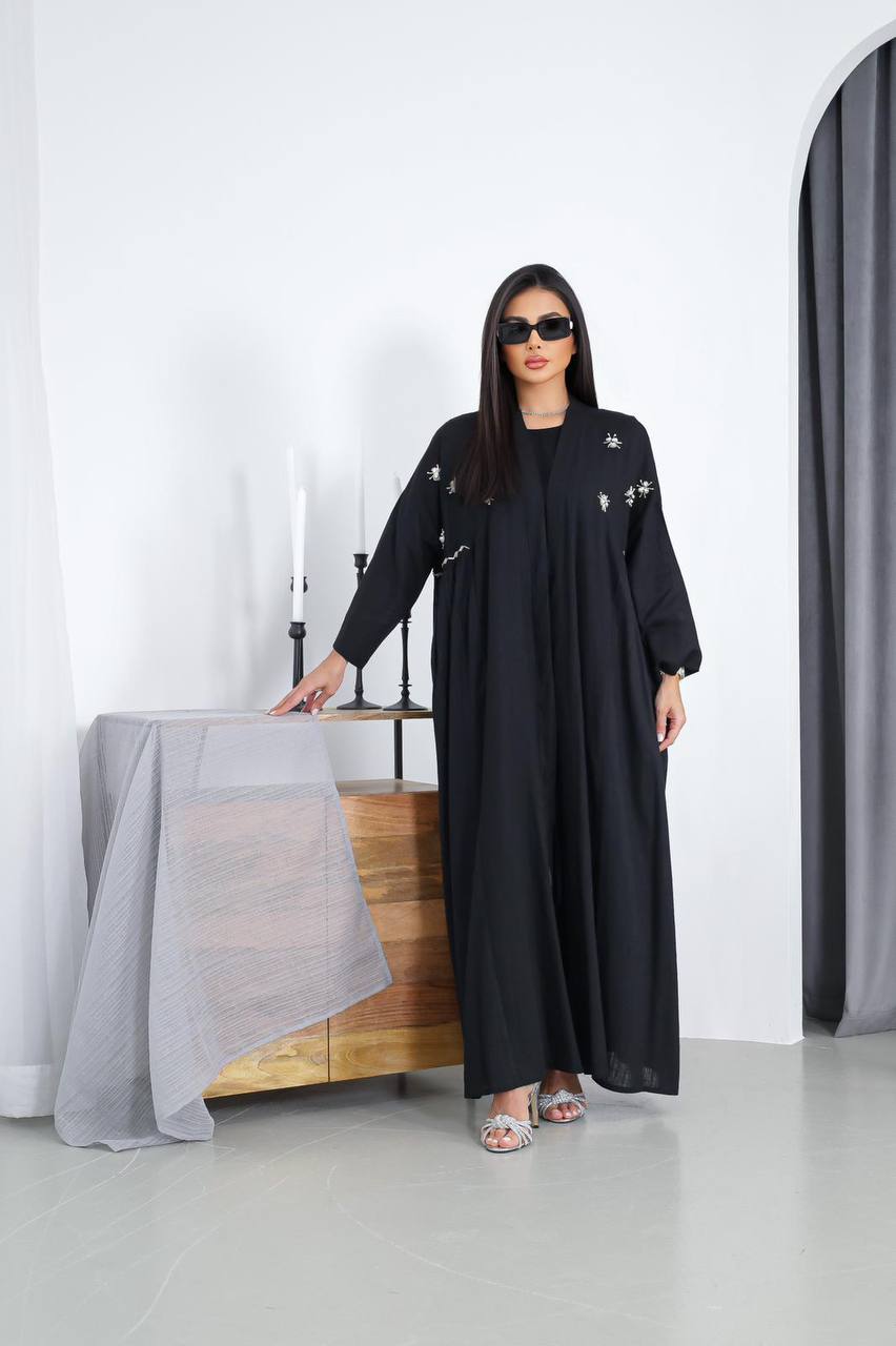 Free size black linen abaya with hand embroidery C:3026 Black (Free size)