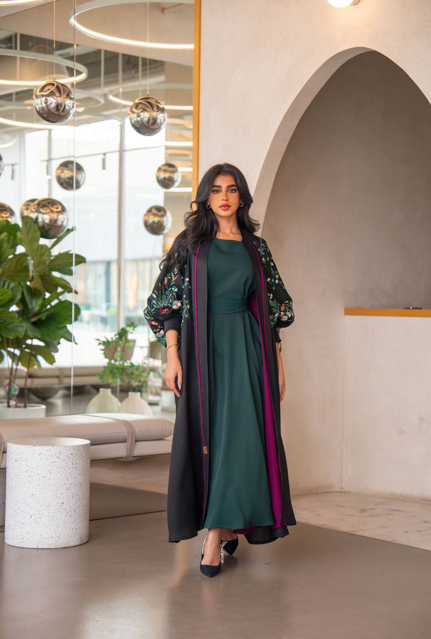 Free size black linen abaya with embroidery C:6631 GREEN (Free size)