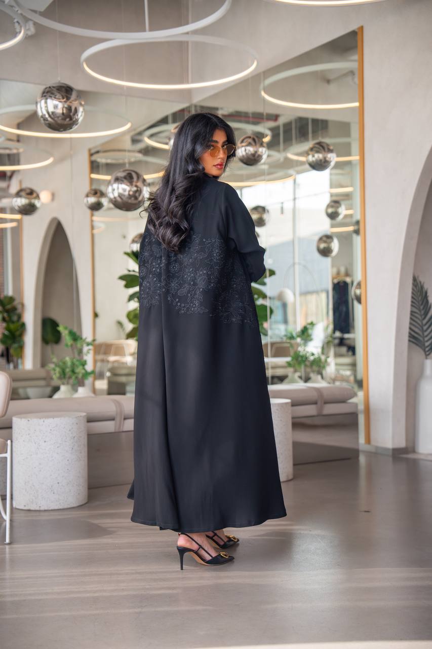 Black Cuban crepe abaya with embroidery C:6630 Black