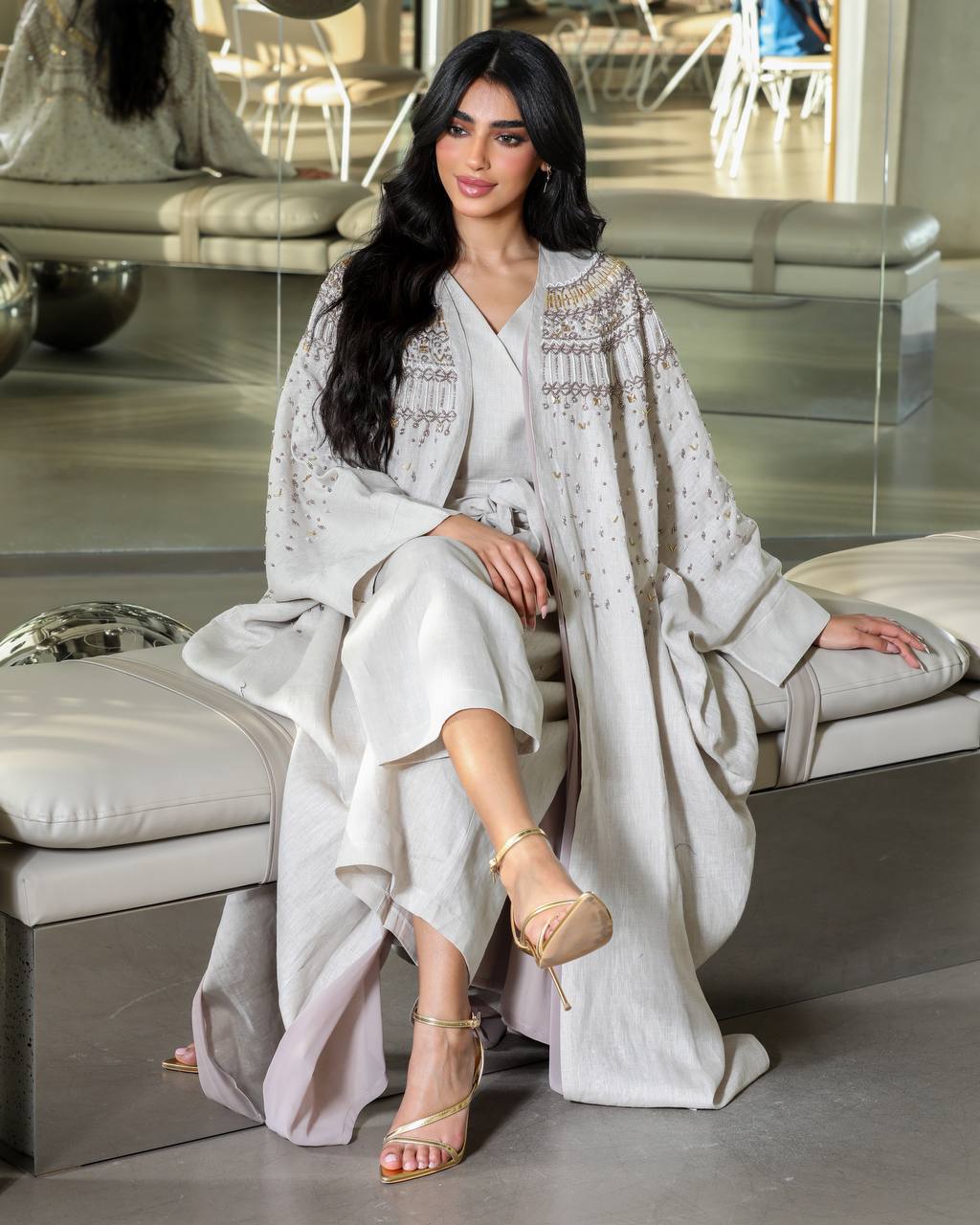 Light beige crepe abaya with hand embroidery C:6361 Beige