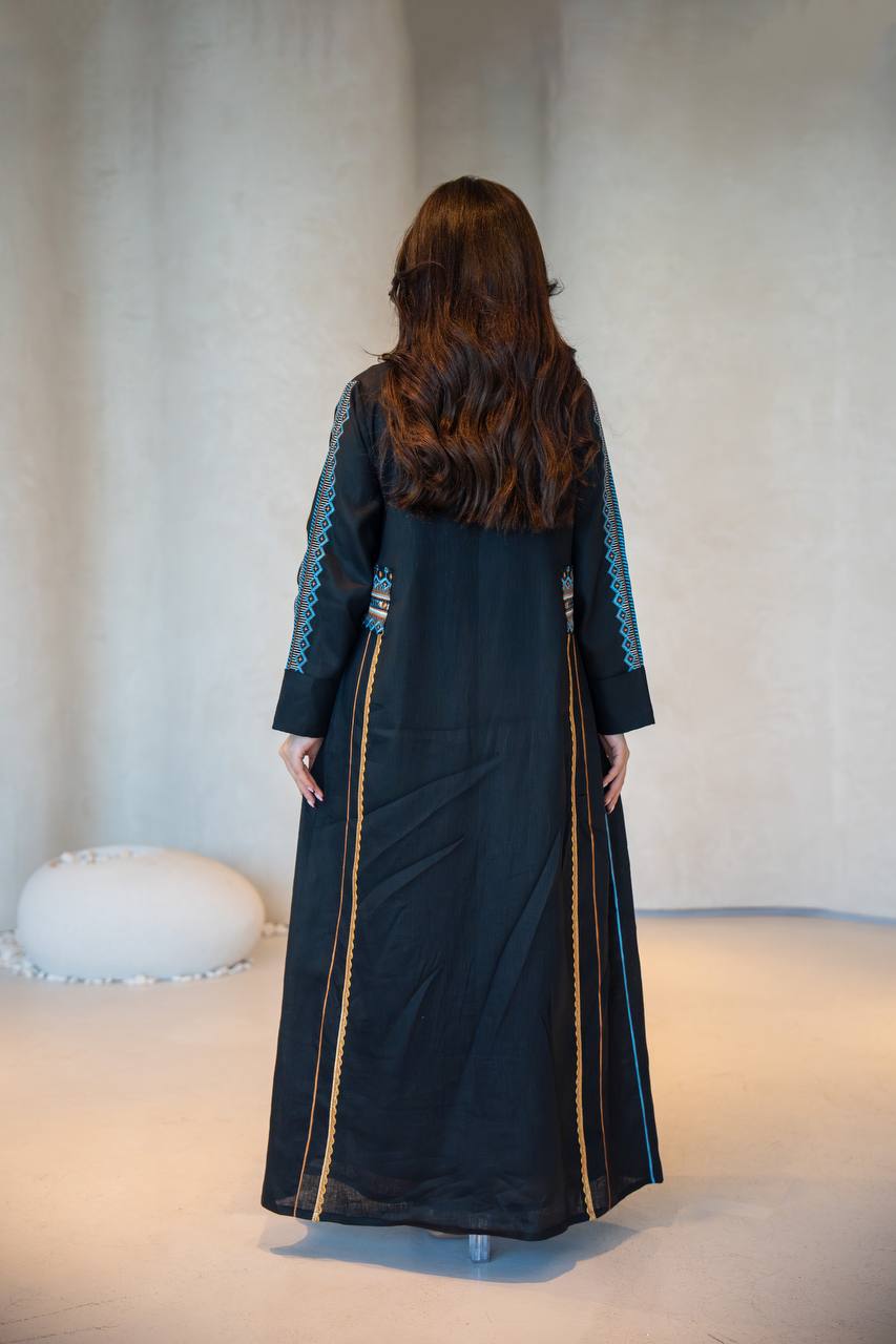 Black Linen Abaya with Embroidery C:6605 Black/Blue