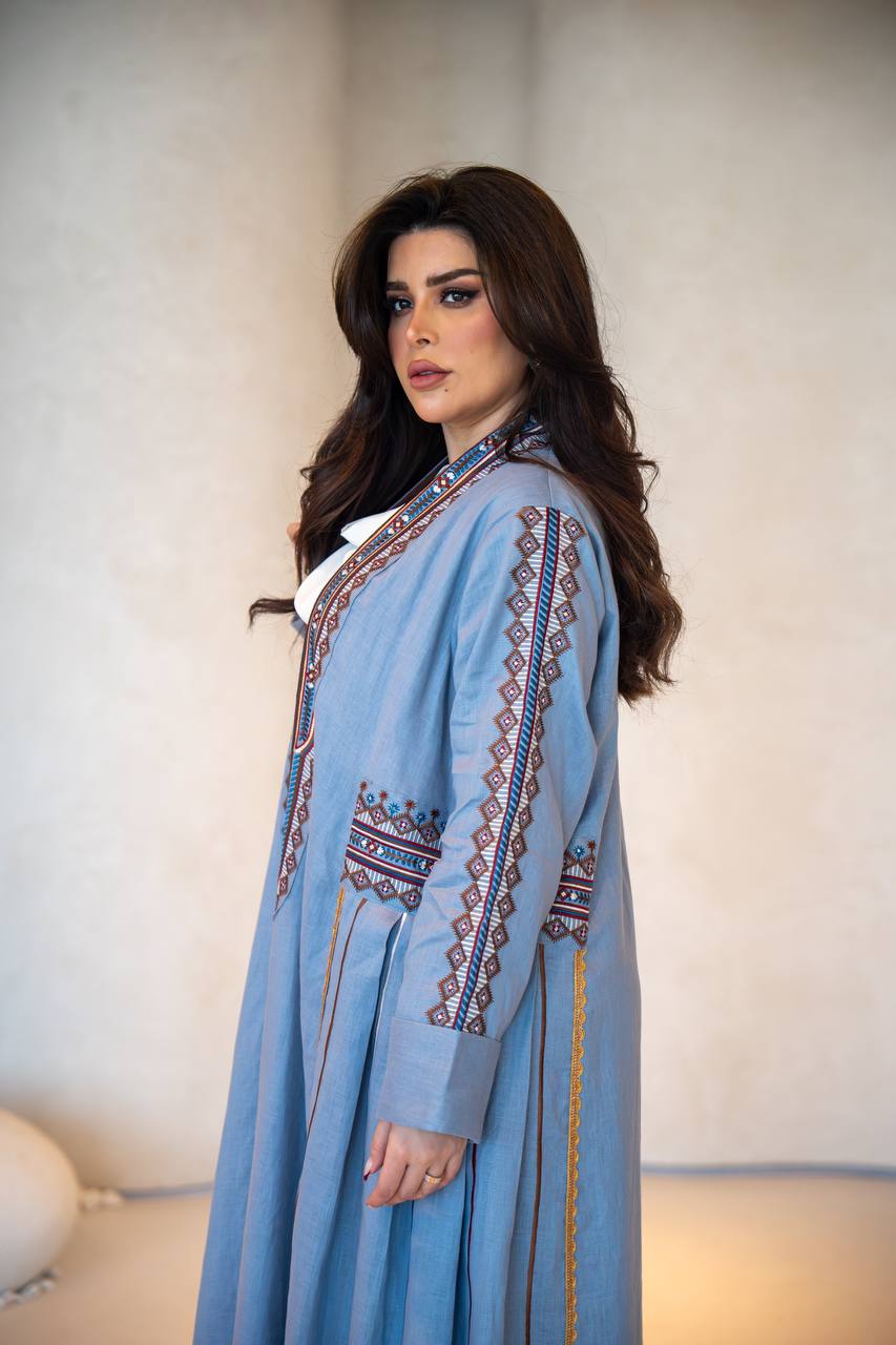 Sky blue linen abaya with embroidery C:6605