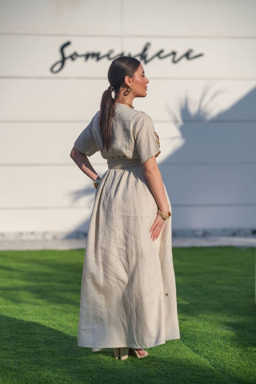 Bisht made of burlap and linen dress, in light beige with hand embroidery C:6618