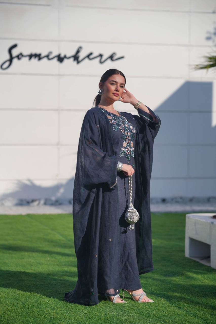 Bisht made of hessian material and linen dress, in navy blue with hand embroidery C:6619 (Free size)