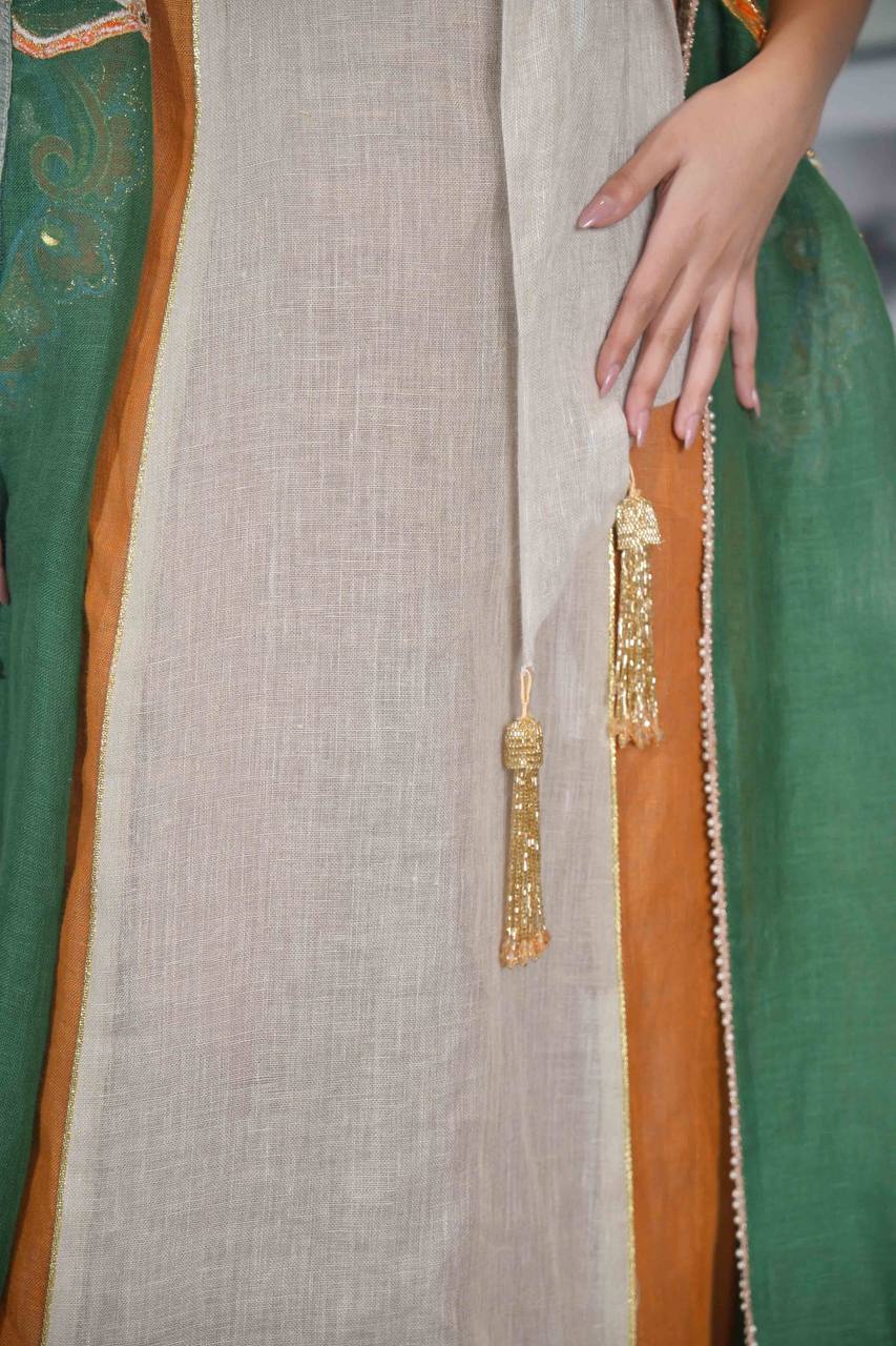 Green Bisht with beige linen dress with orange and embroidery C:6614