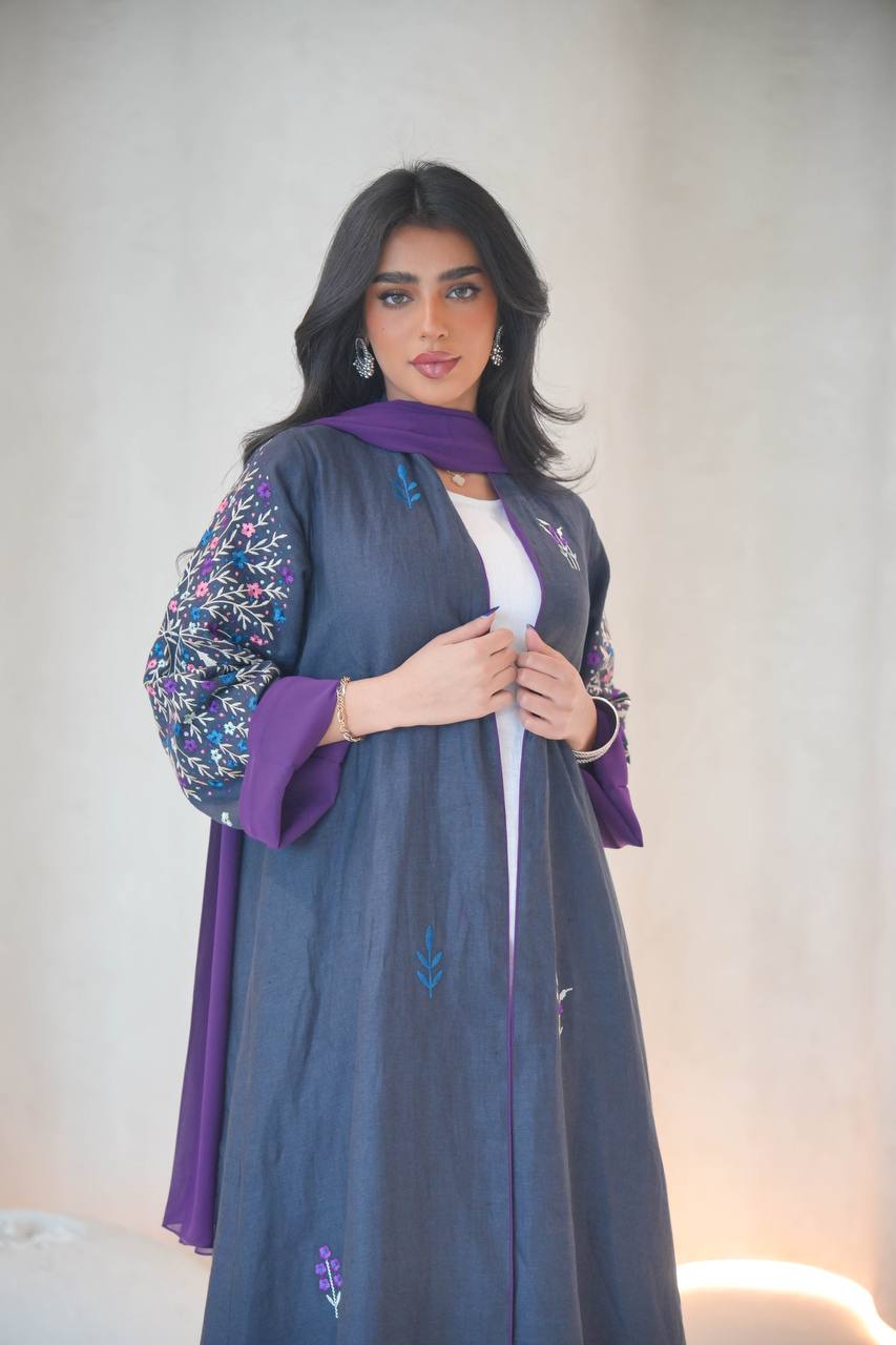 Navy linen abaya with embroidery C:6603