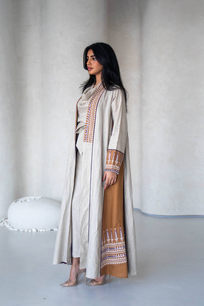 Linen abaya in light beige with embroidery C:6588 Light Beige