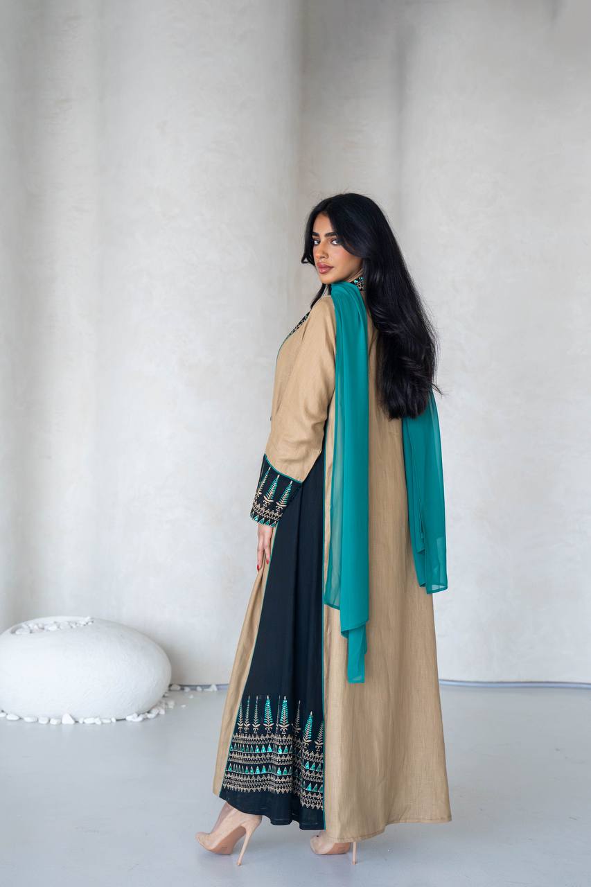 Linen beige abaya with embroidery C:6588 Beige