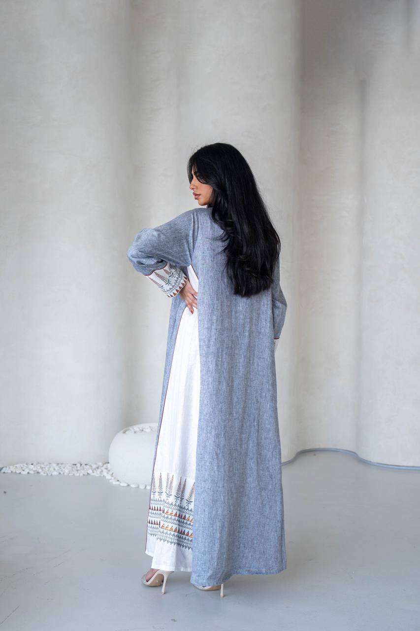 Linen abaya in light gray with embroidery C:6588 Gray