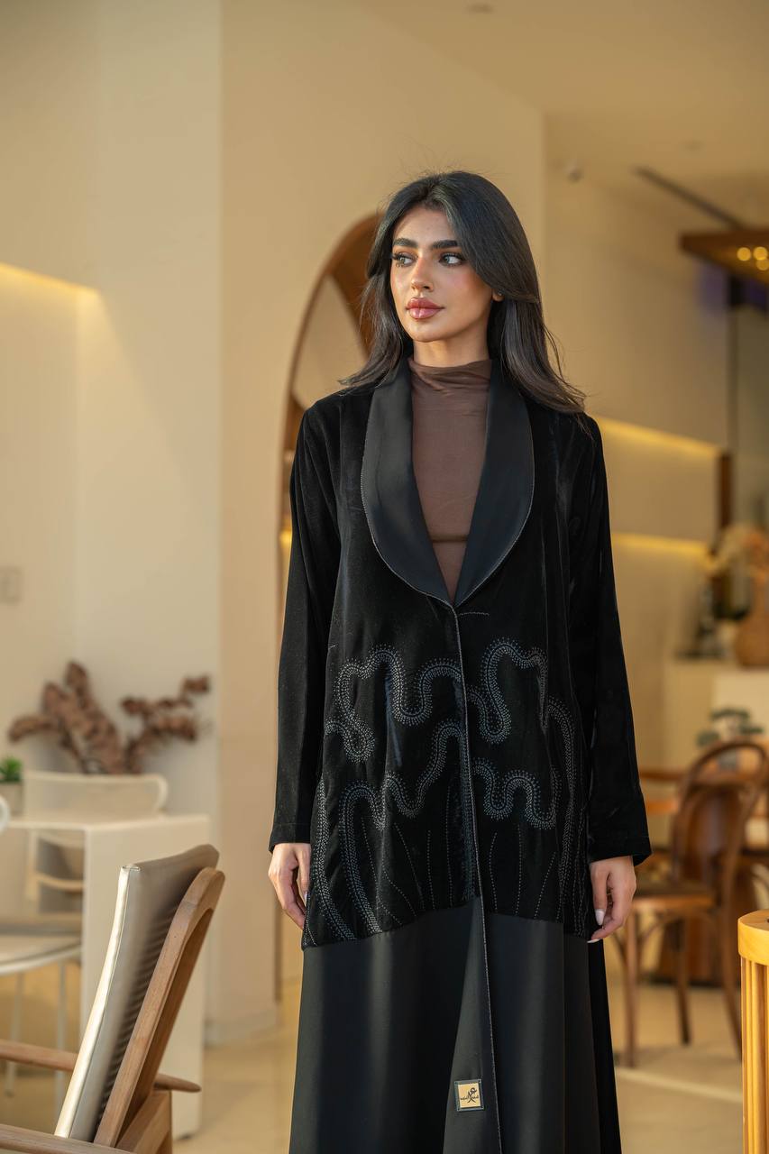Embroidered velvet blazer abaya with crepe in black color C:6584