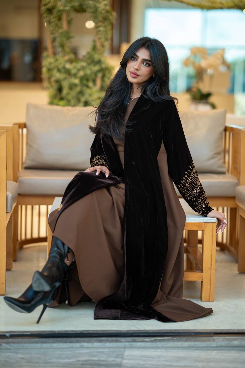 Black velvet abaya with brown crepe 6579