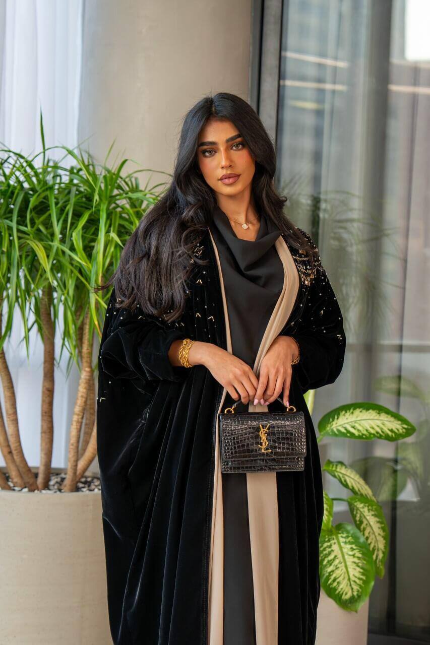 Black velvet Bisht abaya with embroidery C:6571(Free size)