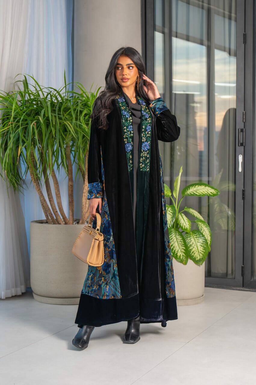 Plain velvet abaya and floral velvet with hand doubt C:6574