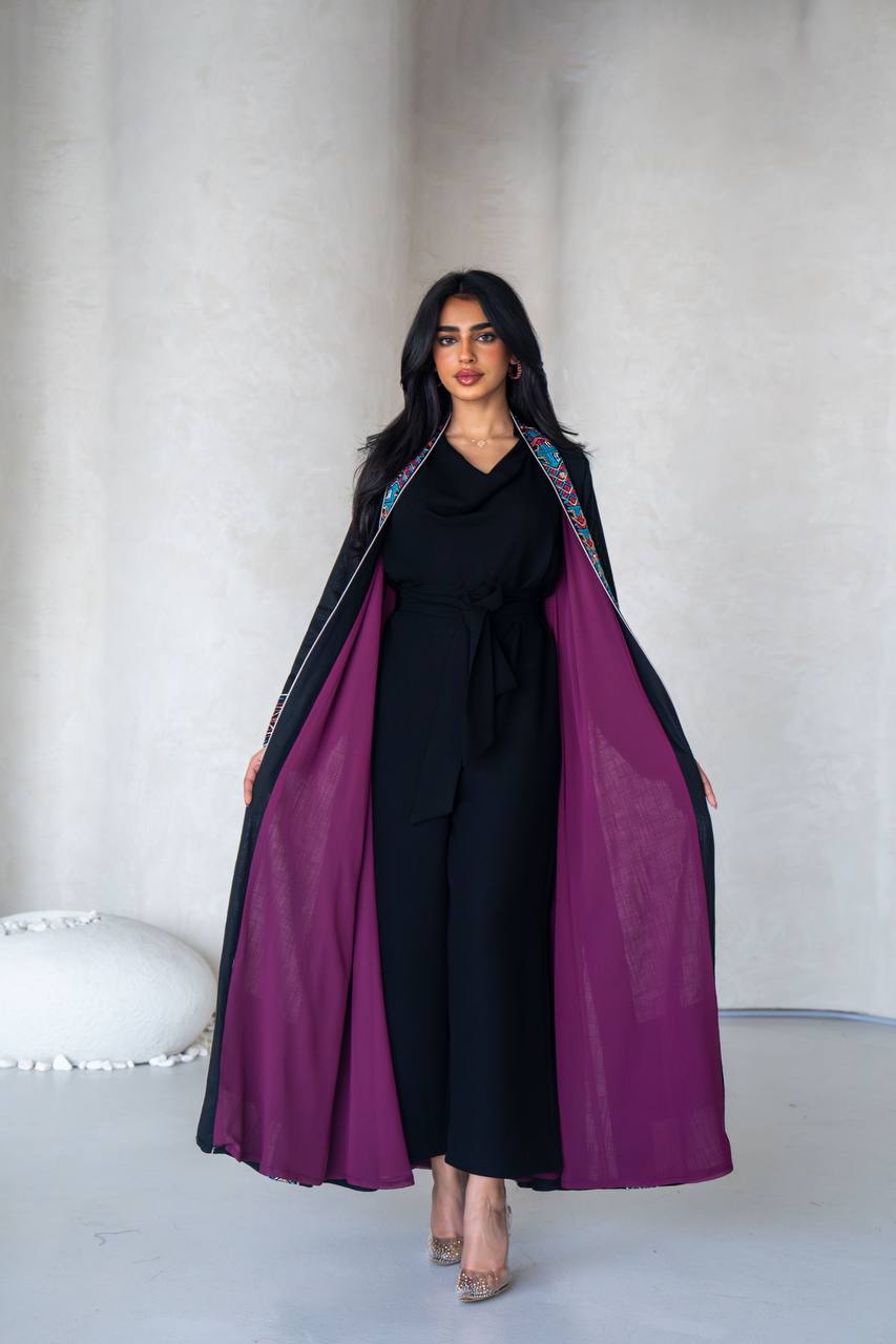 Linen abaya in black with embroidery C:6589 Black