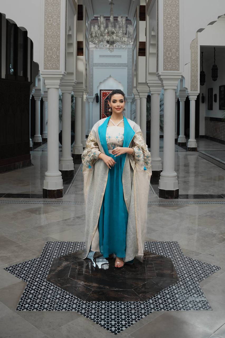 Abaya and dress with light beige hessian material C:6593 Beige