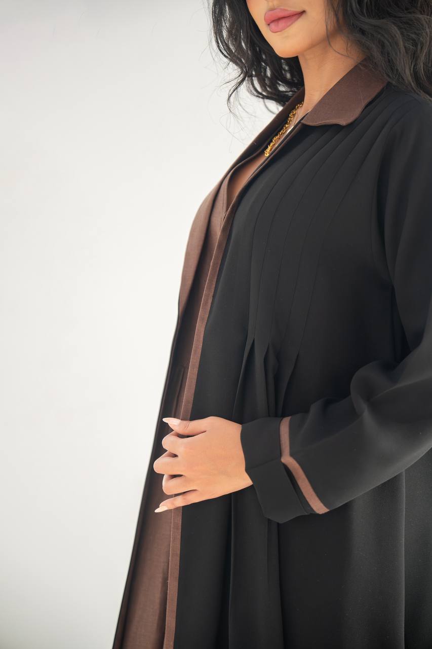 Black crepe blazer abaya with brown details C:6636 Black Crape