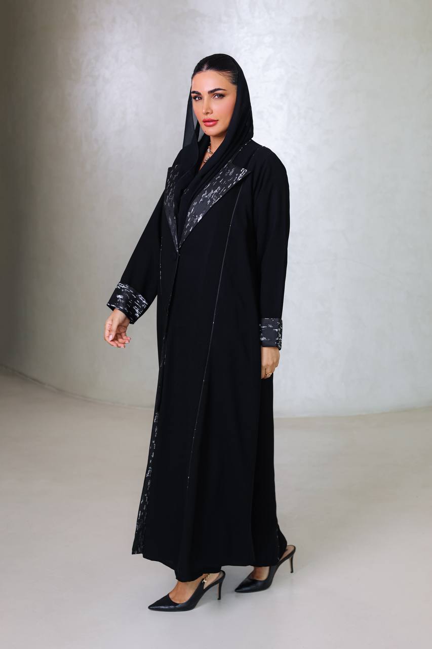 Elegant Black Crepe Abaya with Jacquard Details C:6678