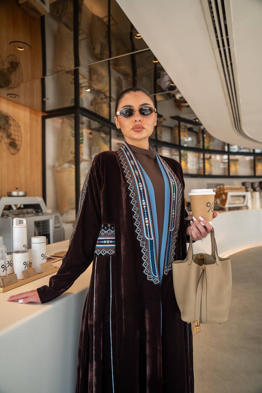 Brown velvet abaya with embroidery.C:6702