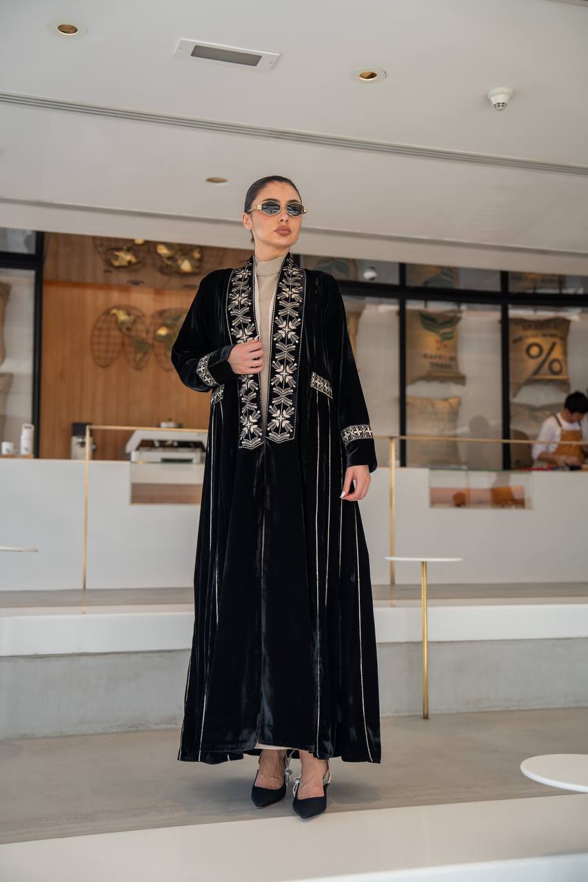 Black velvet abaya with embroidery.C:6700